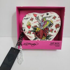 NIB‎ Ed Hardy Heart Coin Purse Wristlet Gift Box Rhinestone Butterfly Tattoo Y2K